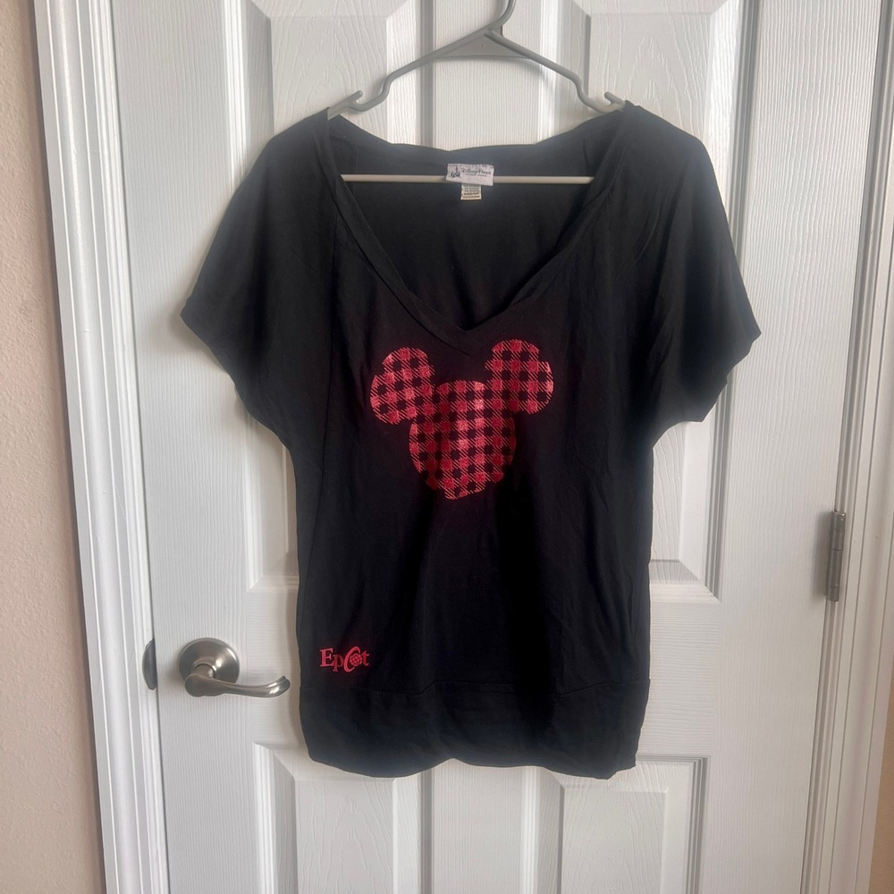 Disney‎ Parks Epcot T-Shirt Mickey Mouse Plaid Graphic V-Neck Top Medium